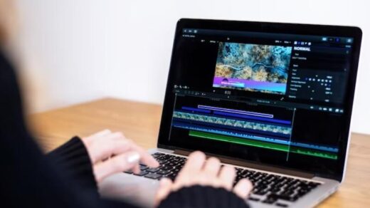 girl editing video on laptop